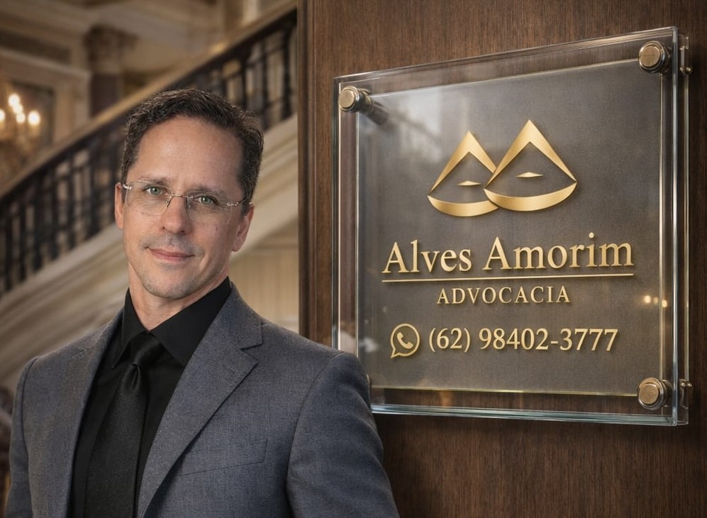 Sérgio Alves de Amorim ao lado da placa Alves Amorim Advocacia